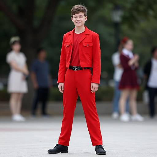 Photograph of a young man with short brown hair, standing confidently in a bright red suit, black belt, and shoes, with a blurred outdoor background