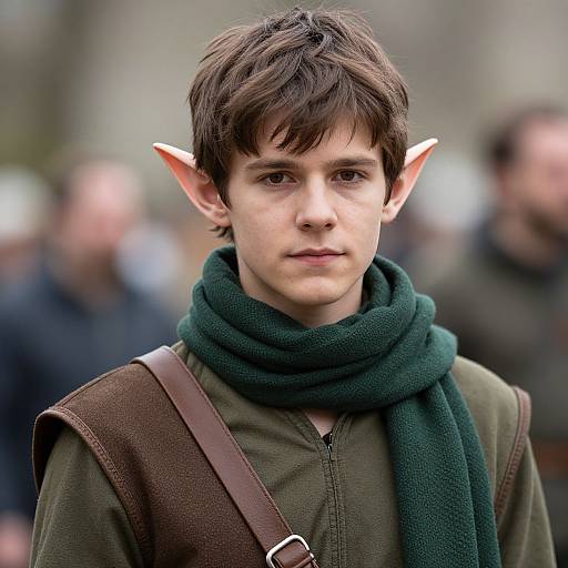 Photograph of a young man with elf ears, brown hair, green scarf, brown leather strap, green shirt, serious expression, blurred background.