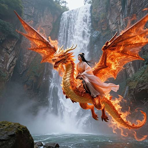 Digital fantasy artwork of a fiery, orange dragon with wings, carrying a long black-haired woman in a white dress, flying above a cascading waterfall in
