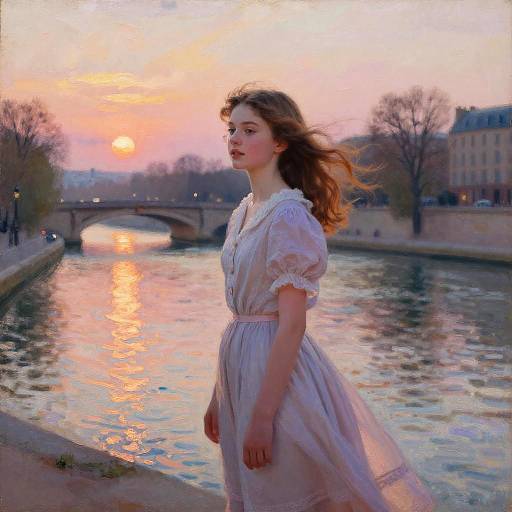 Photorealistic painting of a young woman in a white dress walking beside a river at sunset, with reflections and distant city buildings.