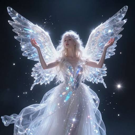 Photorealistic CGI of a glowing, ethereal blonde angel with translucent wings, wearing a shimmering white dress, set against a dark, starry