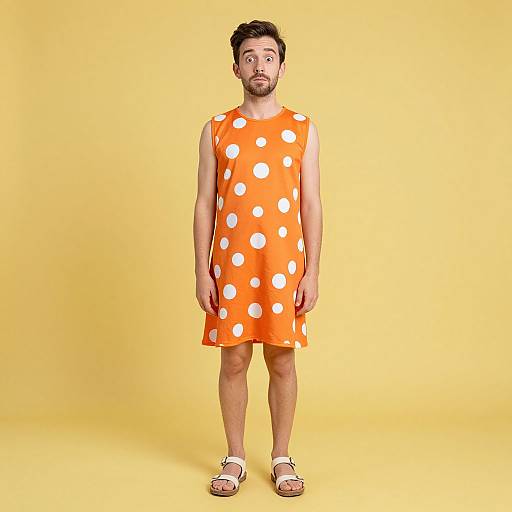 Photograph of a bearded man with short dark hair, wearing an orange sleeveless dress with white polka dots, and white sandals, standing against