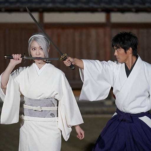 Dynamic Nighttime Duel in Traditional Attire