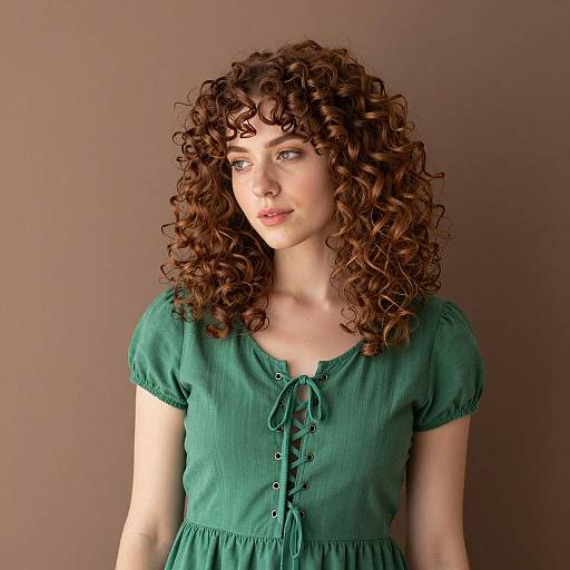 Young Woman with Curly Auburn Hair in Green Dress