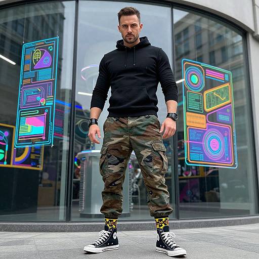 Photograph of a muscular man with short brown hair, beard, black hoodie, camouflage pants, black sneakers with yellow accents, standing in front of neon