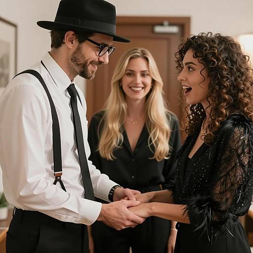 Couple Holding Hands with Smiling Friend Indoors
