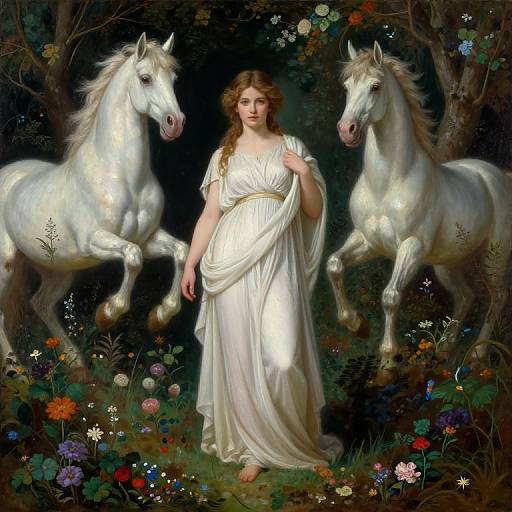 Digital painting of a fair-skinned, red-haired woman in a flowing white gown, flanked by two white, glowing horses in a vibrant, floral