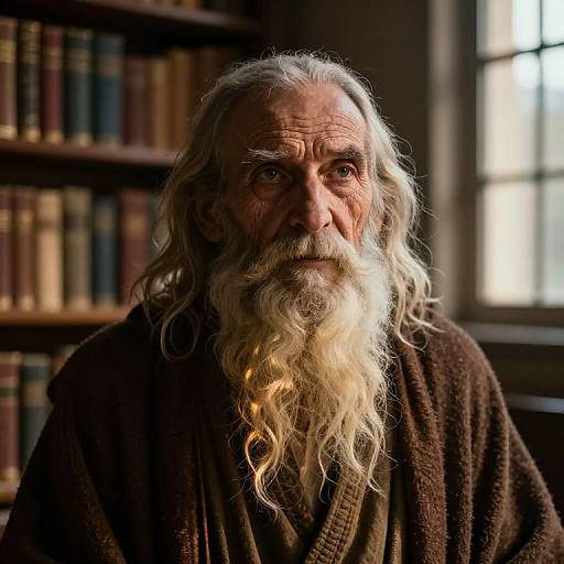 Photograph of an elderly man with long white beard, wrinkled face, and deep eyes, wearing a brown robe, standing in a dimly lit
