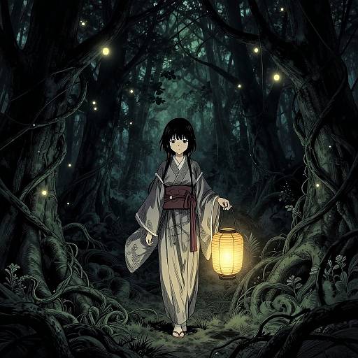 Digital anime-style illustration of a young woman in a traditional Japanese kimono, holding a lantern and paper fan, walking through a dark, mystical forest with