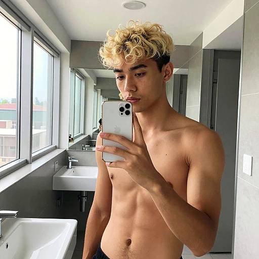 Shirtless Young Man Taking Selfie in Modern Bathroom