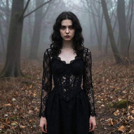 Photograph of a pale-skinned woman with long, wavy black hair, wearing a black lace dress, standing in a foggy, leaf-covered