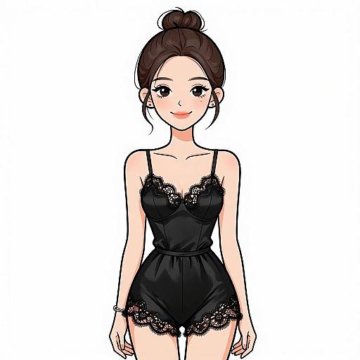 Digital anime-style drawing of a cute young woman with fair skin, dark brown hair in a bun, wearing a black lace-trimmed babydoll night
