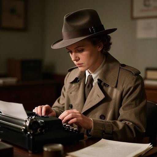 Photograph of a focused woman in a brown 1940s-style coat and hat, typing on an old-fashioned typewriter in a dimly lit