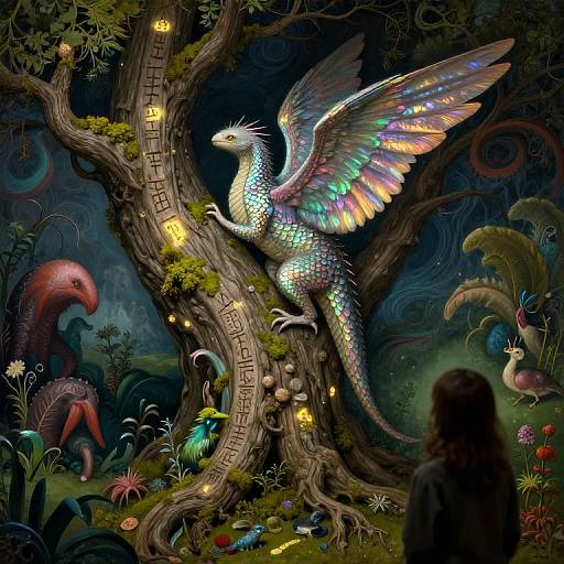 Iridescent Winged Creature on Ancient Tree