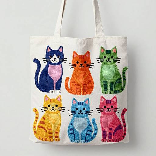 Colorful, embroidered cat tote bag featuring six cartoon-style cats in blue, orange, green, yellow, pink, and red on a white background.
