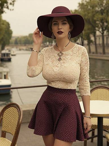 Photograph of a stylish woman in a lace cream top, maroon skirt, and wide-brim hat, standing by a canal with trees.