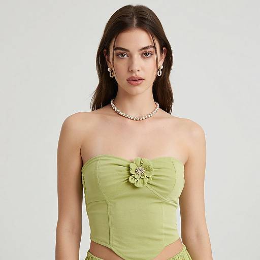Photograph of a young woman with long dark hair, wearing a strapless green top with a floral button, pearl necklace, and earrings, against a