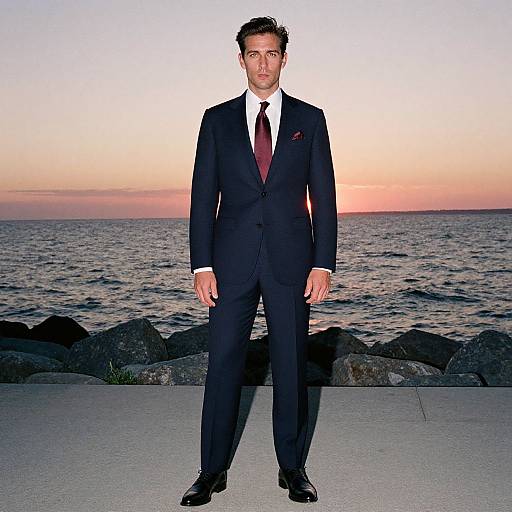Photograph of a man in a dark navy suit with a white shirt and red tie, standing on a concrete pier at sunset, with a calm ocean
