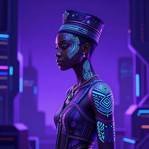 Photorealistic digital artwork of a dark-skinned African woman with glowing blue tribal patterns on her face, arms, and dress, standing in a neon