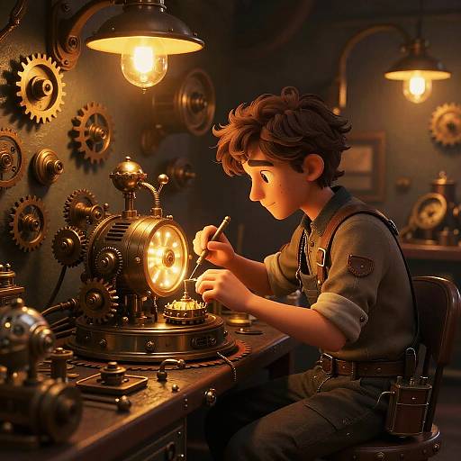 Digital painting of a young boy with tousled brown hair, wearing overalls, intently repairing a glowing clockwork mechanism in a dimly lit,