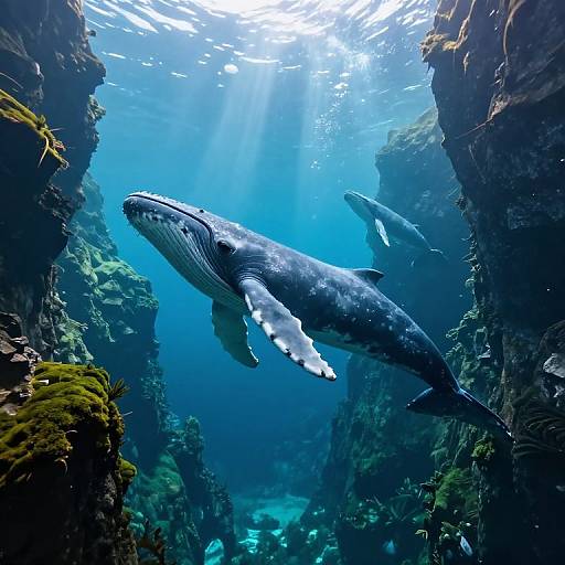 Photograph of a large, majestic humpback whale swimming gracefully through a sunlit, underwater cavern surrounded by vibrant, colorful coral reefs.