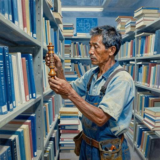 Photograph of an older Asian man in overalls, holding a wooden puzzle piece in a brightly lit, narrow library aisle.