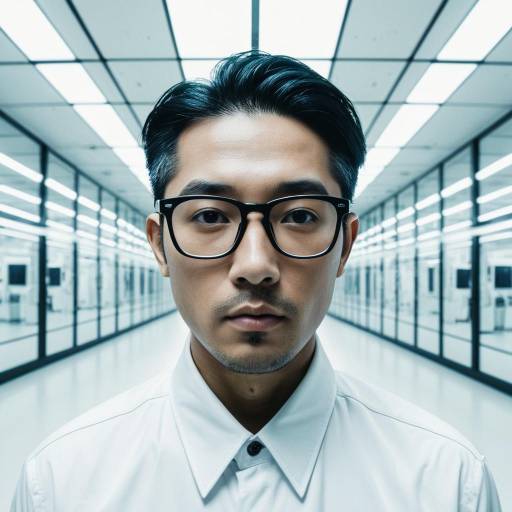 Portrait of Asian Man with Glasses in Futuristic White Hallway
