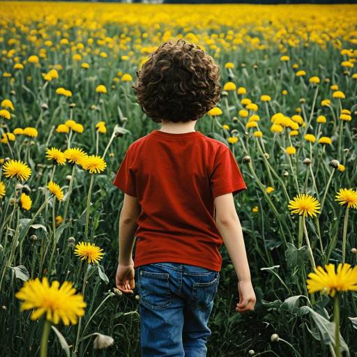 Boy in Red T-Shirt in Dandelion Field