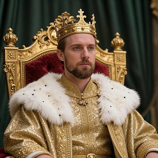 Photograph of a bearded man in a gold, embroidered robe with white fur trim, crowned with an ornate gold crown, seated on a reg