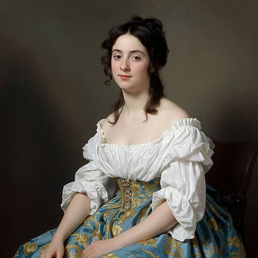 18th-century portrait of a fair-skinned woman with dark hair, wearing a white off-shoulder blouse and blue, gold-patterned dress,