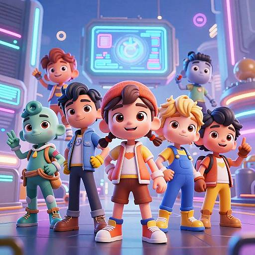 Digital cartoon illustration of diverse, cute, chibi-style children in futuristic neon-lit room, standing in front of glowing blue screen. Characters wear colorful