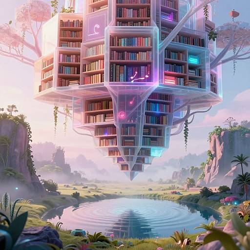Digital art of a futuristic, floating library with neon lights, surrounded by lush landscape, tranquil river, and cliffs. Vibrant colors, sci-fi style