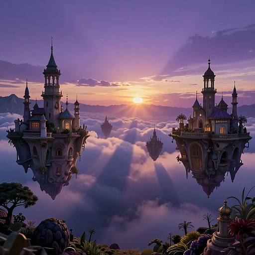 Fantasy sunset photograph of two floating, Gothic-style castle islands with illuminated windows, surrounded by clouds, mountains, and tropical foliage.