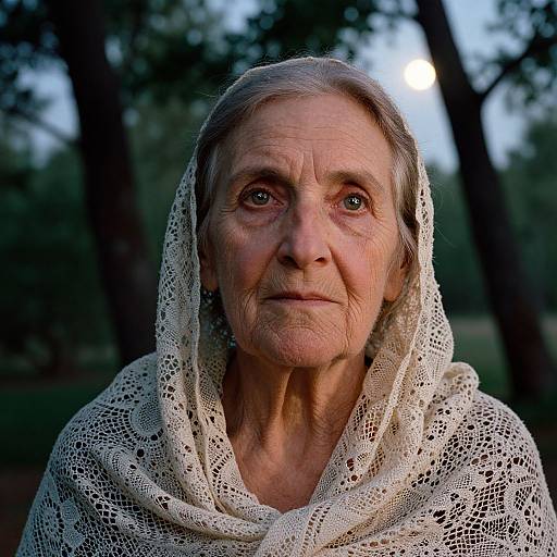 Photograph of an elderly woman with wrinkled skin, gray hair, and blue eyes, wearing a white lace headscarf, standing in a forest