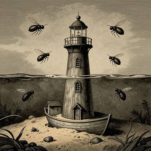 Ink drawing of a lighthouse surrounded by six flying black beetles, half-submerged in water, with detailed textures and shadows.