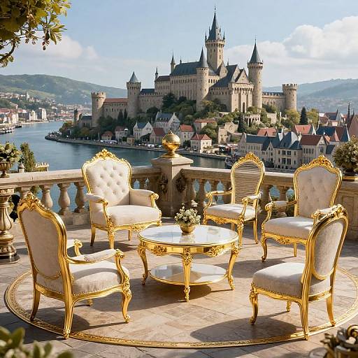 Photograph of an ornate, gold and white Rococo-style outdoor seating area overlooking a castle and town by a river.