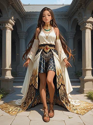 Digital artwork of a confident, long-haired woman in ancient-inspired white and gold attire, with detailed jewelry, standing in a sunlit, classical stone courtyard