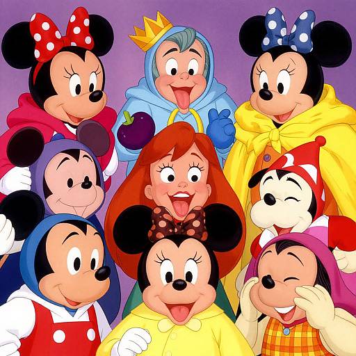 Colorful cartoon image of Mickey Mouse characters and Disney princesses, including Snow White, Cinderella, and Belle, wearing various colorful outfits and accessories.