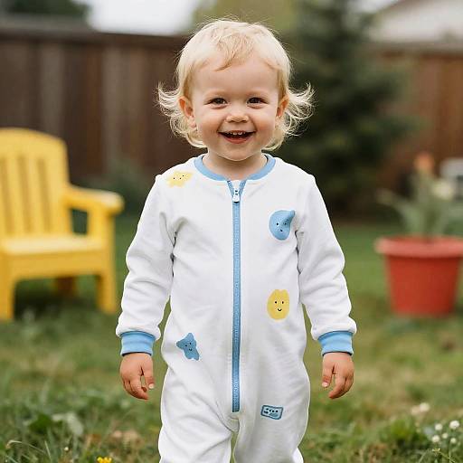 Cheerful Blonde Toddler in Backyard