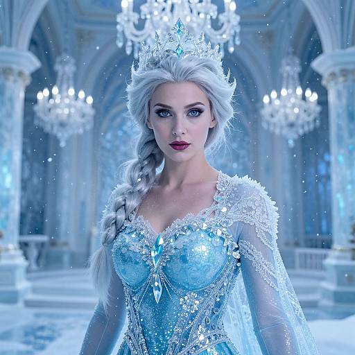 Digital art of a fair-skinned, blonde woman with a braid, wearing an icy blue, glittery ice queen gown and crown, in a