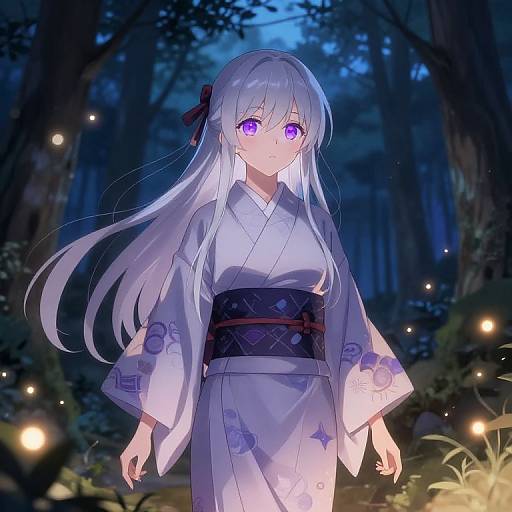 Anime-style digital illustration of a silver-haired girl with vibrant purple eyes, wearing a white kimono with purple patterns, standing in a moonlit forest illuminated