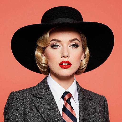 Photograph of a glamorous blonde woman with red lipstick, wearing a black wide-brimmed hat, white shirt, black suit, and red-striped tie