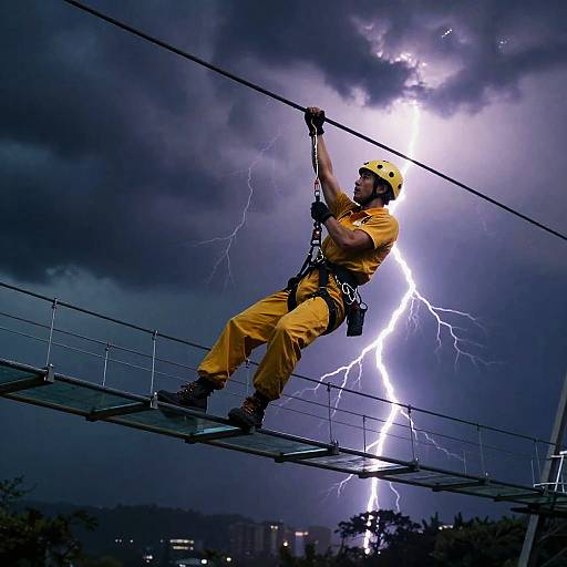 Grappling Courier on Stormy Glass Bridge