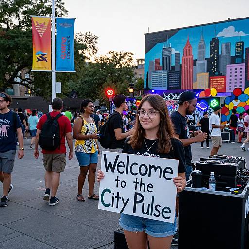 Photograph of a diverse group at a city public event, featuring a smiling young woman with glasses holding a 