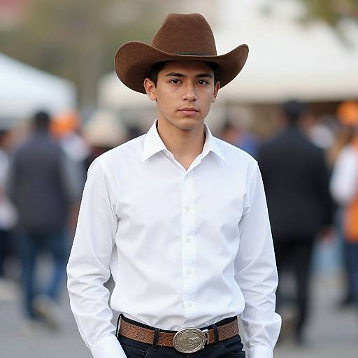 Photograph of a young man with light skin, black hair, and brown eyes, wearing a white shirt, brown belt with silver buckle, and brown