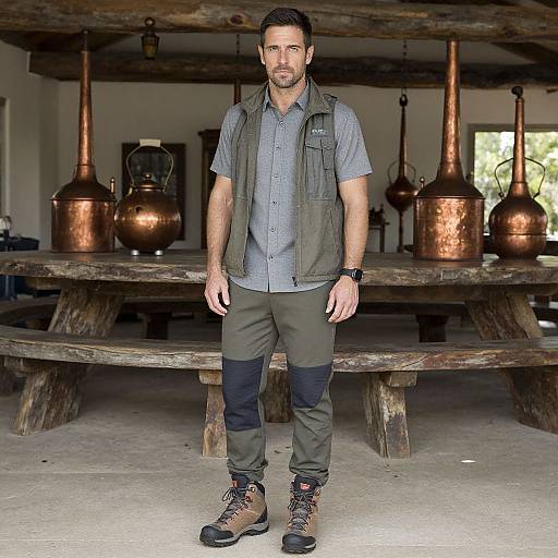 Photograph of a muscular, bearded man with short dark hair, wearing a grey vest, blue shirt, and olive pants, standing in a rustic