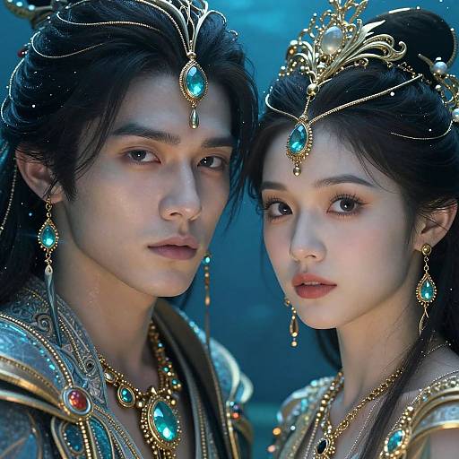 Digital art of two East Asian royalty with pale skin, black hair, blue gemstone jewelry, intricate gold headpieces, and ornate robes. They