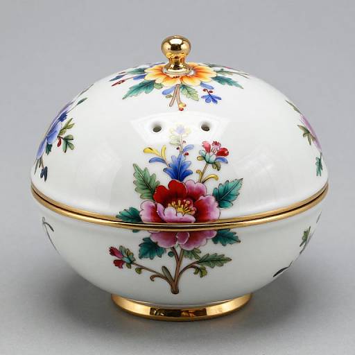 Photograph of a white porcelain, gold-topped, domed box adorned with colorful floral patterns of red, blue, and green flowers.