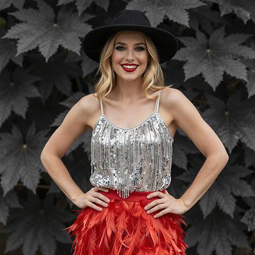 Confident Blonde Woman in Sparkling Outfit