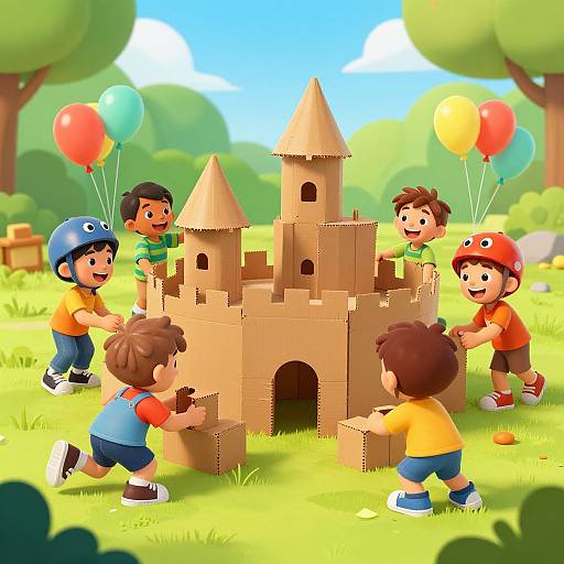 Playful Boys Building Cardboard Castle
